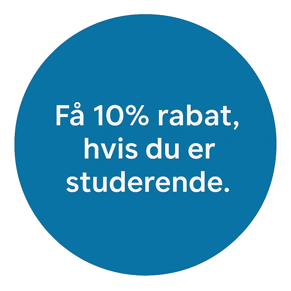 Blå cirkel med tilbud til studerende - "Få 10% rabat, hvis du er studerende."